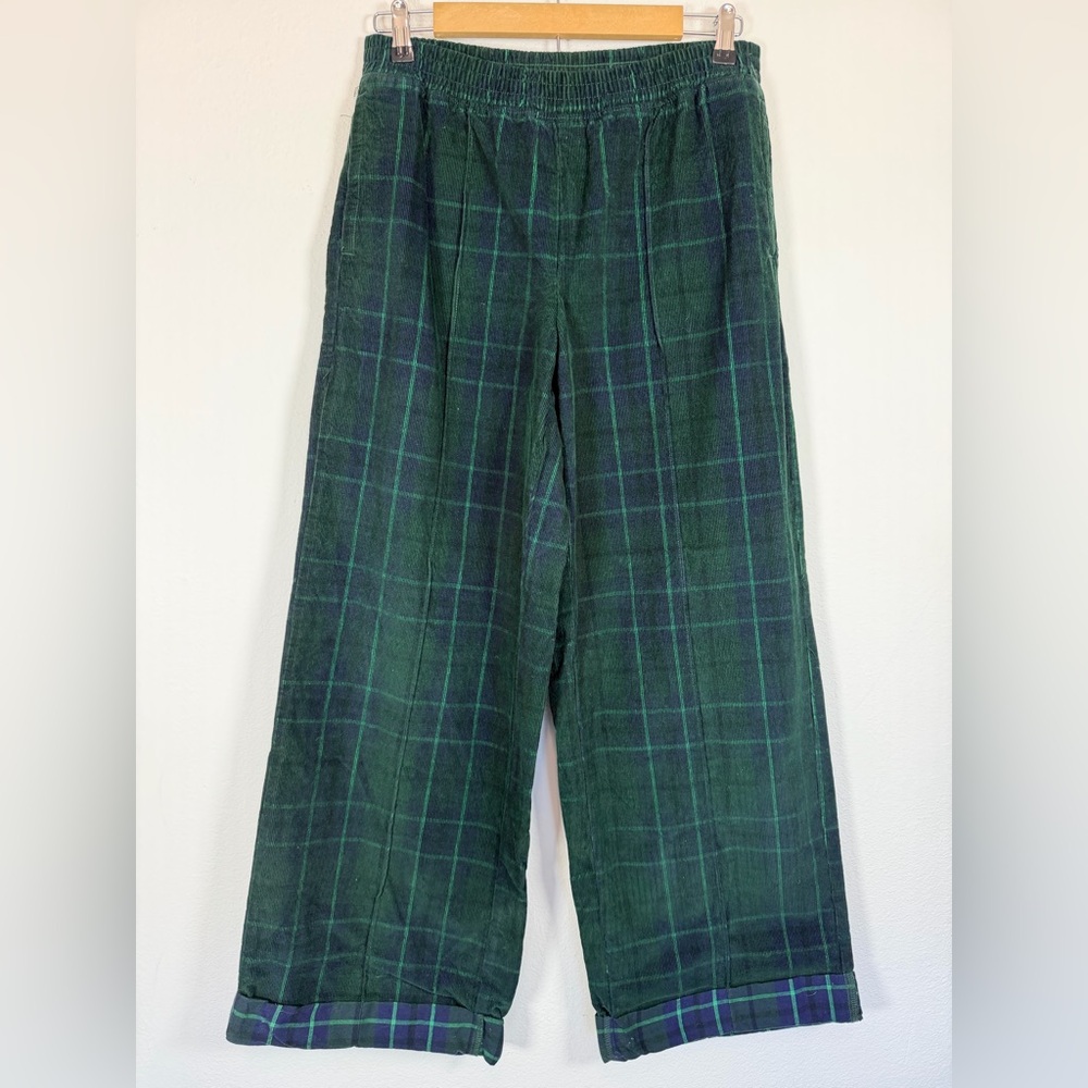 OFFLINE by Aerie Corduroy Plaid Wide Leg Pants Green Navy Size Small